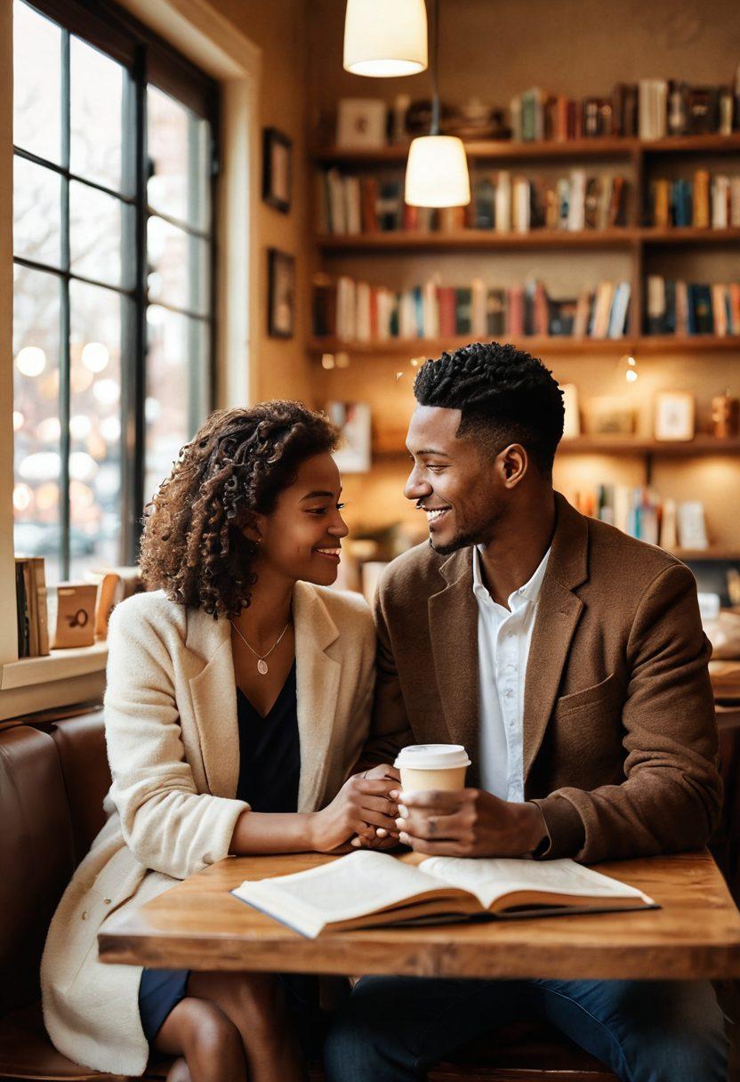 A cozy coffee shop setting, featuring a diverse couple sharing a heartfelt conversation, surrounded by soft light and intimate decor. Elements of warm colors, open books, and subtle heart motifs enhance the romantic atmosphere. The background includes other couples engaged in meaningful interactions, symbolizing community and connection. super-realistic. warm tones. soft focus.