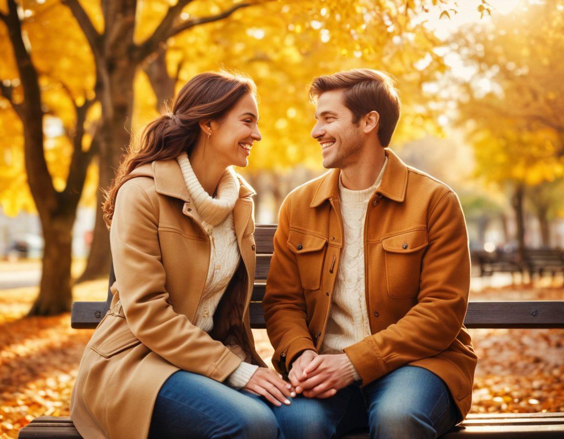 A beautiful couple sitting on a park bench, sharing laughter while looking into each other's eyes, surrounded by vibrant autumn leaves. A soft, golden sunlight filters through the trees creating a warm, romantic atmosphere. Include symbols of love like hearts or intertwined hands subtly blended into the background. super-realistic. warm color palette. soft focus.